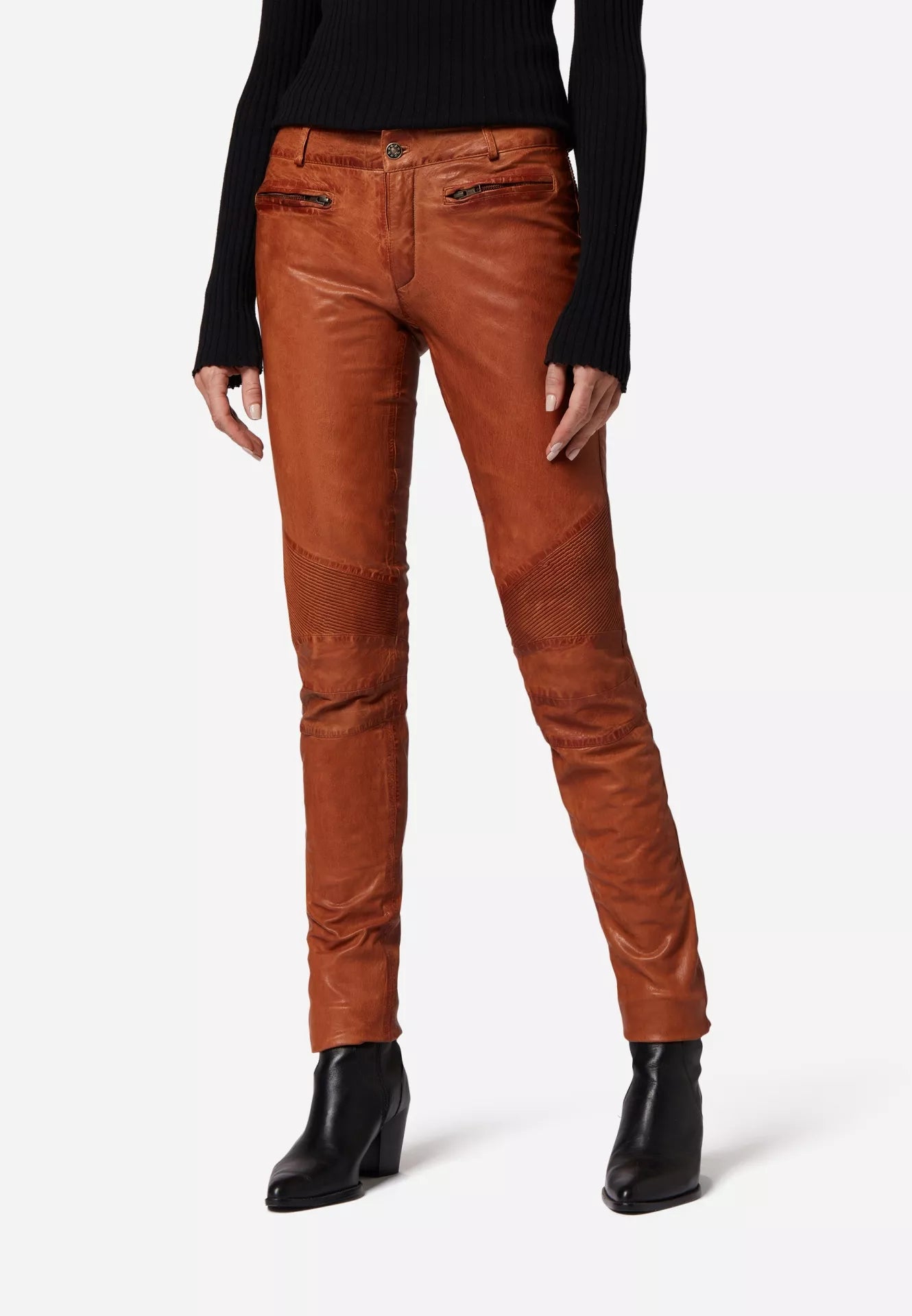 Donna Low Waist Lederjeans mit Biker-Elementen